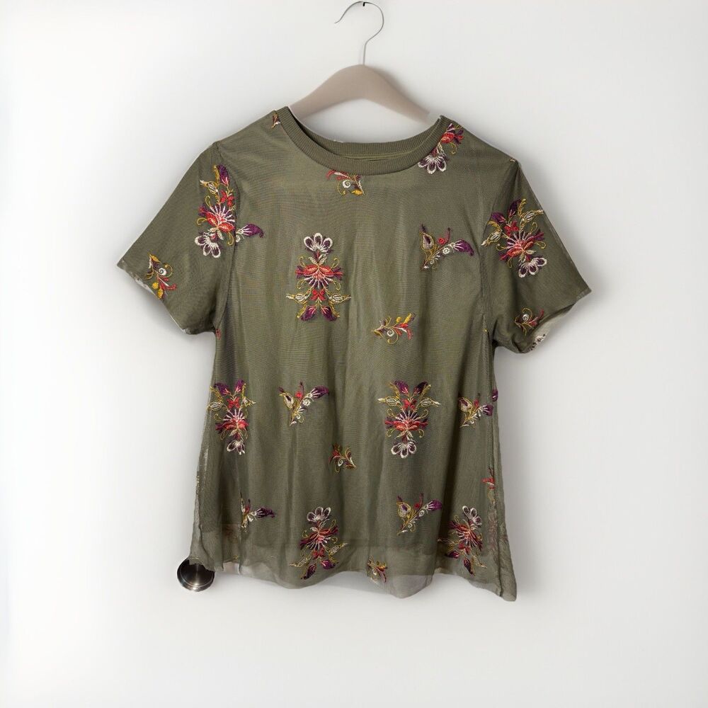 Massini Olive Green Mesh Women's Top Multicolor Floral Embroidery Layered Size S